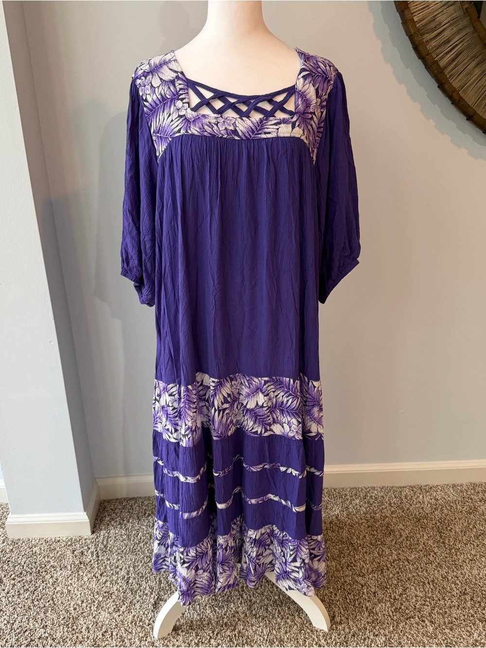 Draper Damons Purple Floral Tropical Crinkle Rayon Midi Dress XL⁠
